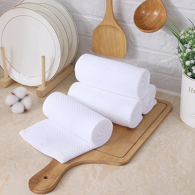 Kitinjoy 100% Cotton Waffle Weave Kitchen Towels, 8-Pack Super Soft and Absorbent Dish Towels for Drying Dishes, Kitchen Hand Towels, 13 in x 28 in, White