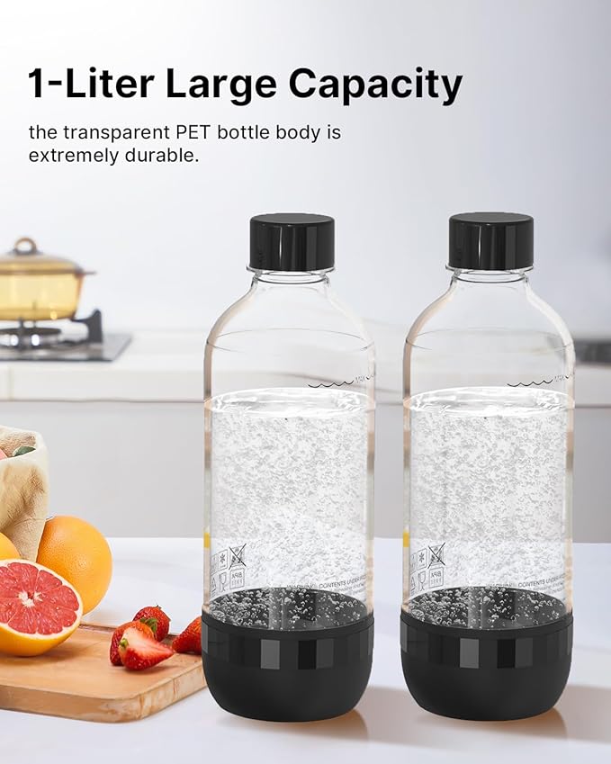 Soda Maker Bottles, BPA-Free Reusable Soda Bottles (2-Pack), 1L Leakproof Carbonated Water Bottles with Secure Seal, Compatible with Most Soda Makers Black