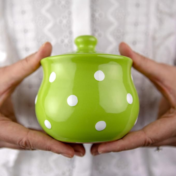 City to Cottage Ceramic Sugar Bowl with Lid, 10oz Sugar Contanier for Coffee Bar, Sugar Dispenser Bowl, Salt - Condiment Pot for Kitchen Counter, Handcrafted Green Polka Dot Sugar Jar