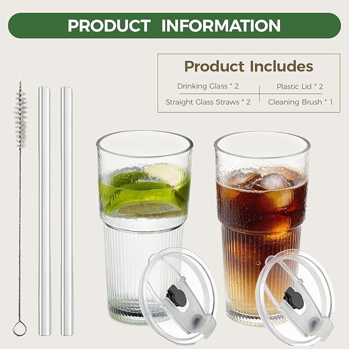 18oz Glass Tumblers with Lids and Straws, Set of 2 - Stylish Vintage Ribbed Design for Iced Coffee, Juice, Smoothies, Milkshakes, Cocktails & More - Perfect for Daily Use