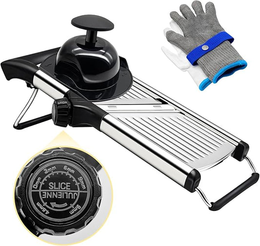 Stainless Steel Mandoline Slicer & Onion Chopper - French Fry Cutter with Safety Pusher | No-Cut Glove & Click-Lock | Adjustable 3-9mm Slices/4.5-9mm Shreds