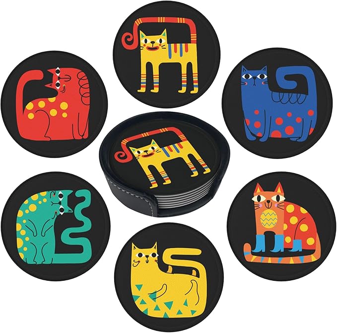 Cute Colorful Cat Leather Drink Coasters Set of 6 with Holder Round Cup Coaster for Table Decor