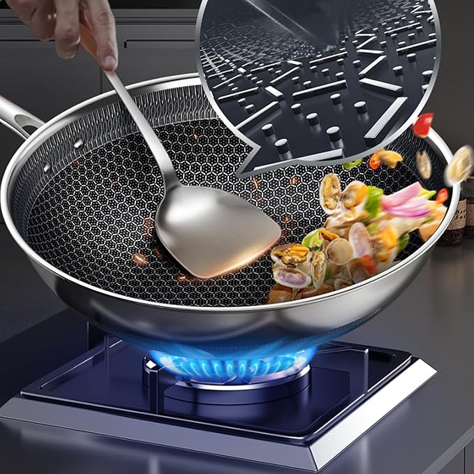 CATHYLIN 14" Honeycomb Non Stick Wok Pan Stainless Steel Stir-fry Wok with Lid,Skillet with Stay-cool Handle PFOA Free Suitable for Induction, Ceramic, Electric, and Gas Cooktops (Sliver, 14 Inches)