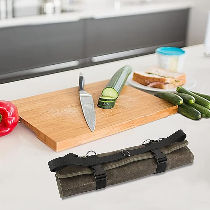Chef’s Knife Roll Bag,Waxed Canvas Knife Cultery Carrier, Portable Chef Knife Cases,Knife Pouch Holders With 10 Slots Plus 1 Zipper Pockets Can Hold Home Kitchen Knife Tools Up To 18.8”