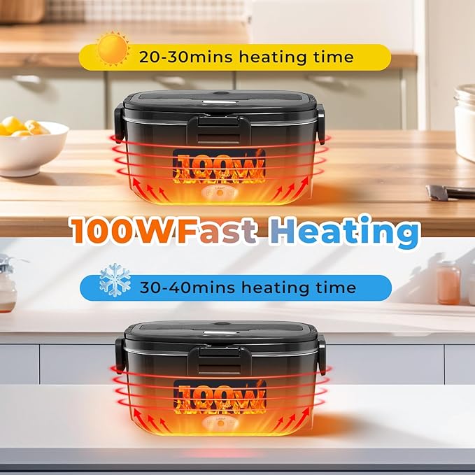 Electric Lunch Box for Adults 100W Fast Heated Lunch Box for Men Women with Dual 1.5L Stainless Steel Containers Fast Heating Portable Food Warmer 12V/24V/110V Lunch box, Home/Office/Truck