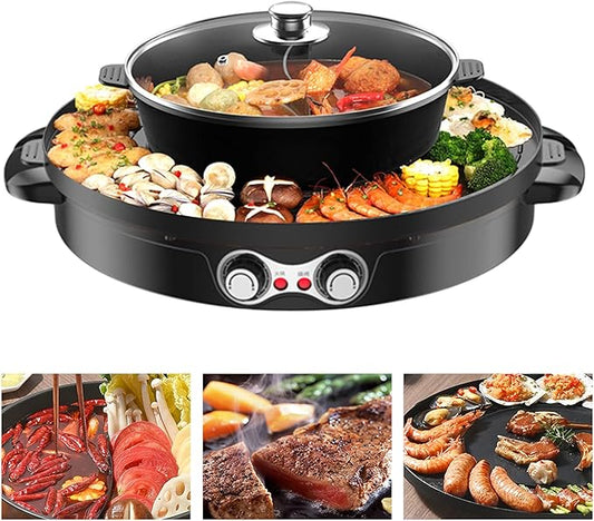 2-in-1 Hot Pot with Grill, 2200W Electric BBQ Pan Grill and Hot Pot with Clear Lid, Round Double-Flavor Shabu Shabu Pot with Divider, Adjustable Temperature Mandarin Duck Pot