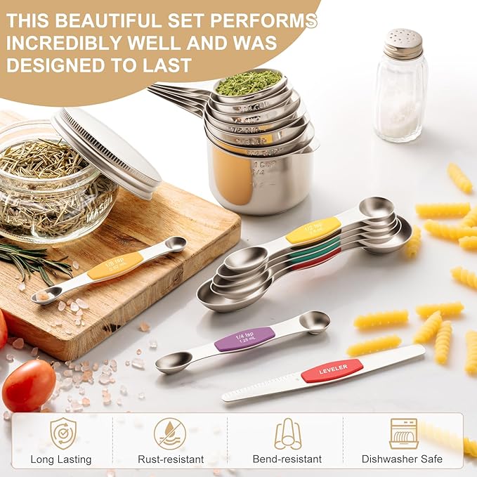 Stainless Steel Measuring Cups & Spoons Set, EWFEN Kitchen Tools Nesting Measuring Cups and Spoons, Set of 15 with Leveler