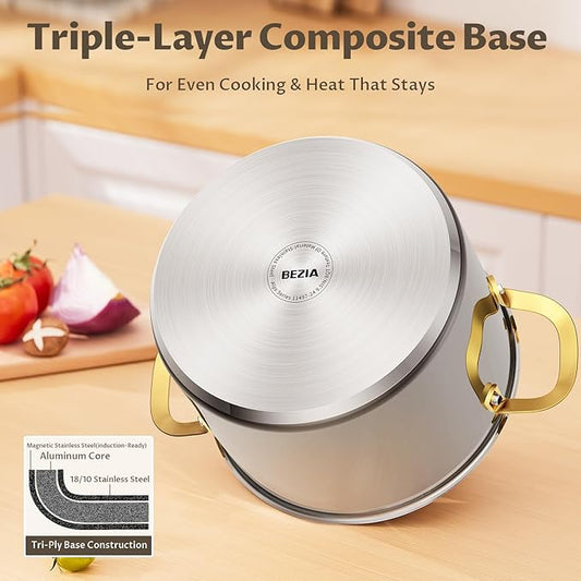 BEZIA 8 Qt Stainless Steel Stock Pot with Lid, Induction Ready Large Soup Pot with Lid, Tri-ply Bottom for Even Heat, Kitchen Cooking Pots for Pasta, Soup, Spaghetti