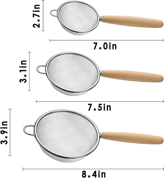 Stainless Steel Fine Mesh Strainers Set of 3 Flour Sifter for Baking, Small Mesh Strainer Flour Colander Sieve Kitchen Strainer Set for Sifting, Straining, Draining (Style 1#)