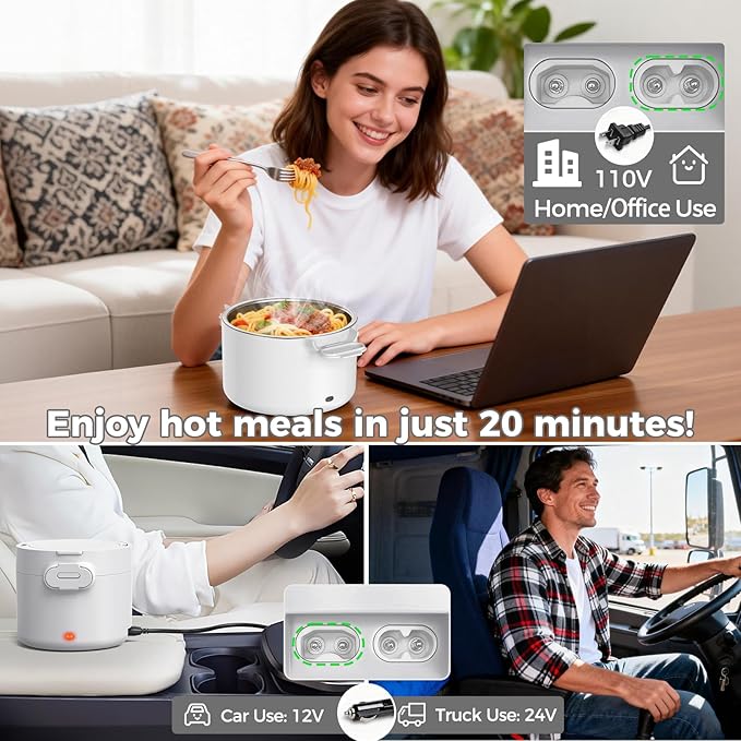 Electric Lunch Box, 33OZ Portable Food Warmer | 100W Rapid Heating & Leak-Proof 304 Stainless Steel | 3-in-1(Car 12V/24V & Home 110V) | Perfect for Work/Travel,On-the-Go,Ideal Gift for Men & Women