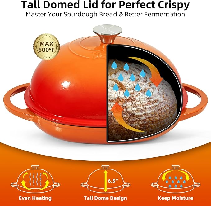 Davivy Cast Iron Oval Bread Pan with Lid 6QT, Dutch Oven for Sourdough Bread, Non-stick Cast Iron Sourdough Baking Pan with Silicone Baking Mat - Flame Orange