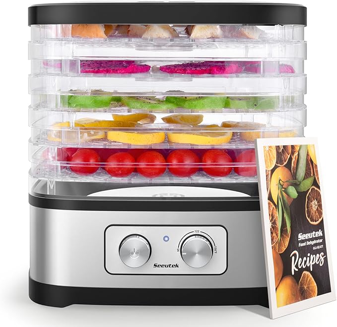 Seeutek Food Dehydrator Machine, 5 BPA-Free Trays, Adjustable Temperature Control for Beef Jerky, Fruits, Vegetables, Includes Recipe Book & 4 Reusable Storage Bags, Electric Dryer Machine (5 Trays)