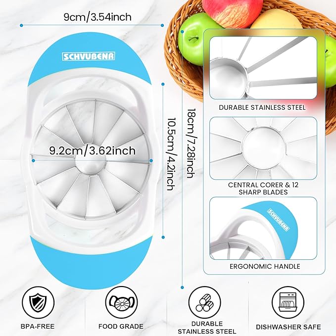 SCHVUBENR 3.5 Inch Apple Slicer with 12 Sharp Blades - Professional Apple Cutter - Stainless Steel Apple Corer - Super Sharp Apple Slicer and Corer - Slice Apple with Ease(Blue)