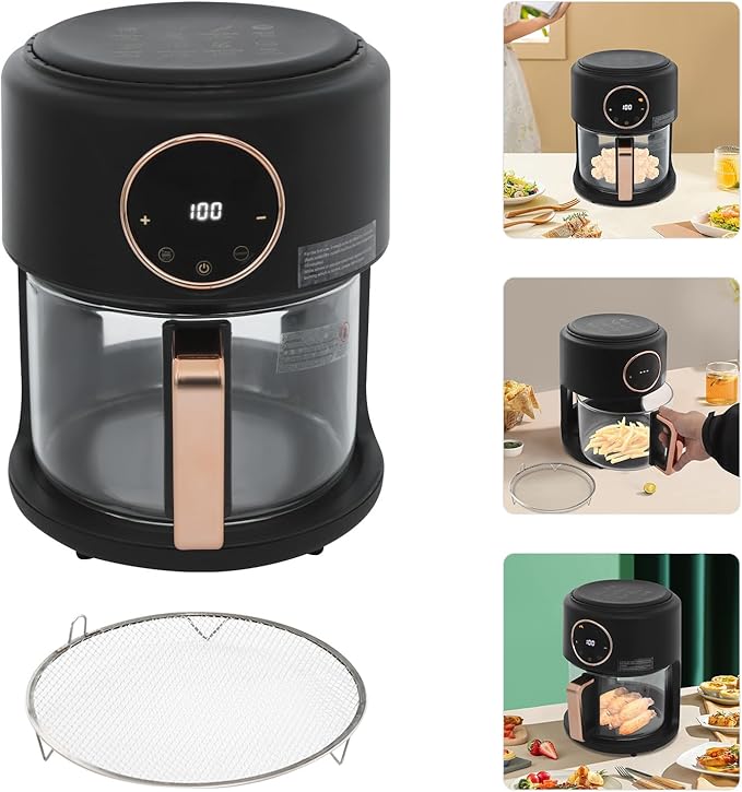 4.2L Glass Air Fryer with Transparent Fry Bowl,1200W Black Air Fryer with Digital Display, Adjustable Temp 176℉-392℉,60-Minute Timer, 8 Preset Modes for Home,Outdoor Picnics