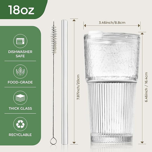 18oz Glass Tumblers with Lids and Straws, Set of 2 - Stylish Vintage Ribbed Design for Iced Coffee, Juice, Smoothies, Milkshakes, Cocktails & More - Perfect for Daily Use