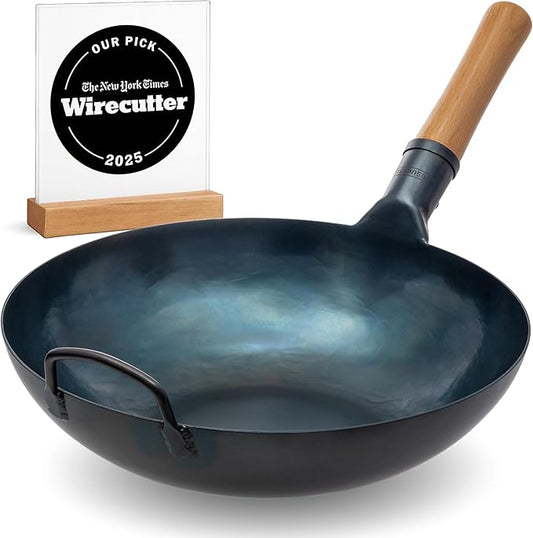YOSUKATA 13.5” Blue Carbon Steel Wok Pan – Pre-Seasoned Flat Bottom Wok Compatible with open fire, gas, electric, ceramic, induction cooktops -Traditional Chinese Pan for Stir Fry, BBQ, Grill, Camping