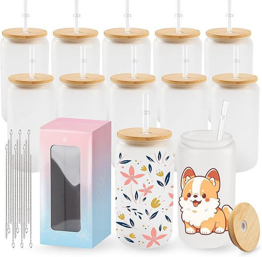 Joyclub 12 Pack Sublimation Blanks Bulk Frosted Glass Cups with Lids and Straws 16oz, Sublimation Glass Tumbler Blanks Beer Can Shaped Mugs for Iced Coffee Smoothie Soda Boba Tea Cocktail DIY Gift