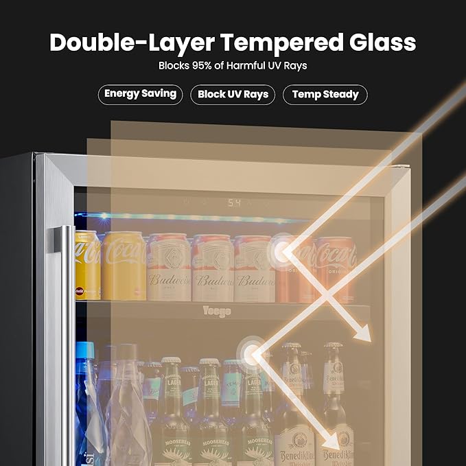 Yeego Beverage Refrigerator & Drink Fridge - 24 inch 180 Cans Beer Cooler Glass Door, 34-54℉ Under Counter Refrigerator Built-in for Drink Soda Wine for Bar Office Bedroom