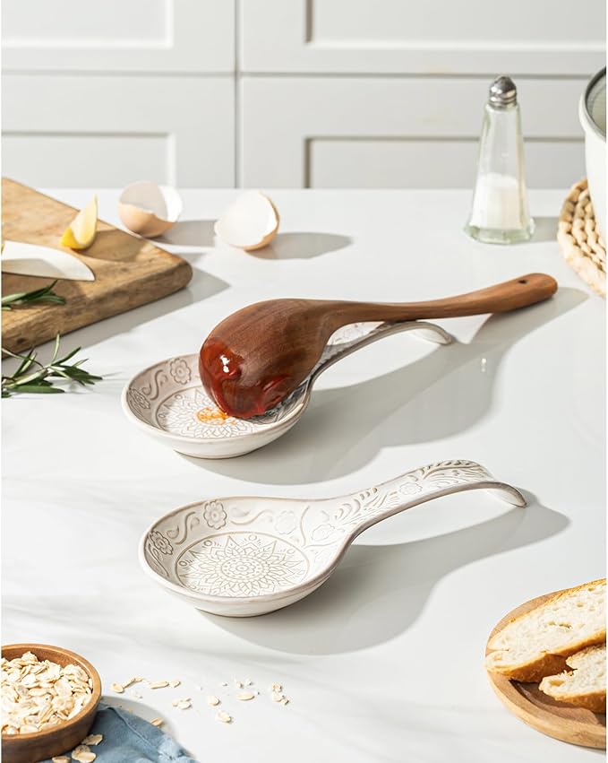 Ceramic Spoon Rest, 9 Inches Large Spoon Holder for Kitchen Counter, Set of 2, Kitchen Accessories, Dishwasher Safe, White