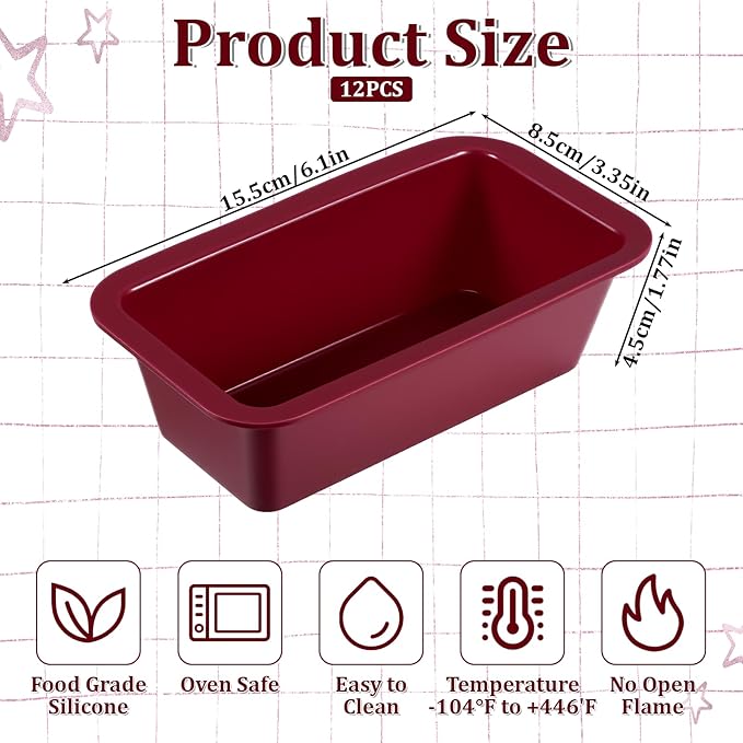 IMengjbang 12 Pcs Silicone Mini Loaf Pan, Nonstick Silicone Bread Baking Pans Rectangle Baking Molds for Small Loaf Mini Cake Bread Meatloaf (Red, 6.1 x 3.3 x 1.8 Inch)