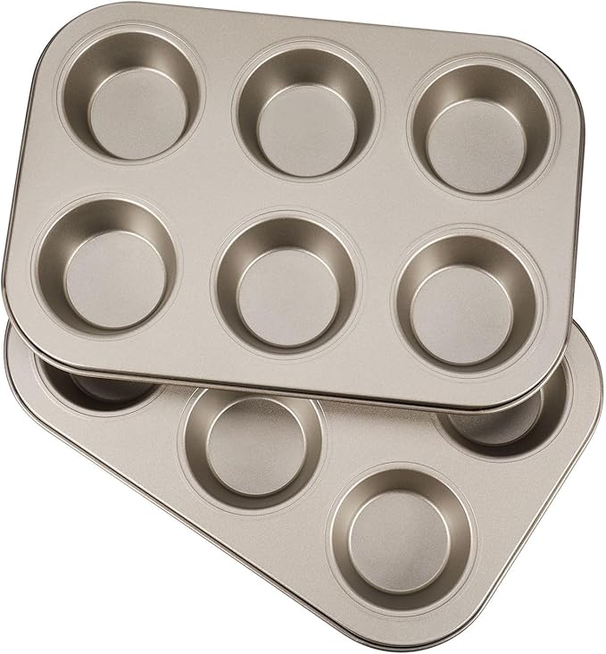 Flexzion Muffin Tray Cupcake Baking Pan 2 Pack, Carbon Steel Muffin Tins Nonstick 6 Cups, Cupcake Tin Bakeware Accessories for Baking Cupcake Muffin Brownies Snack, Fridge Safe, Champagne Gold