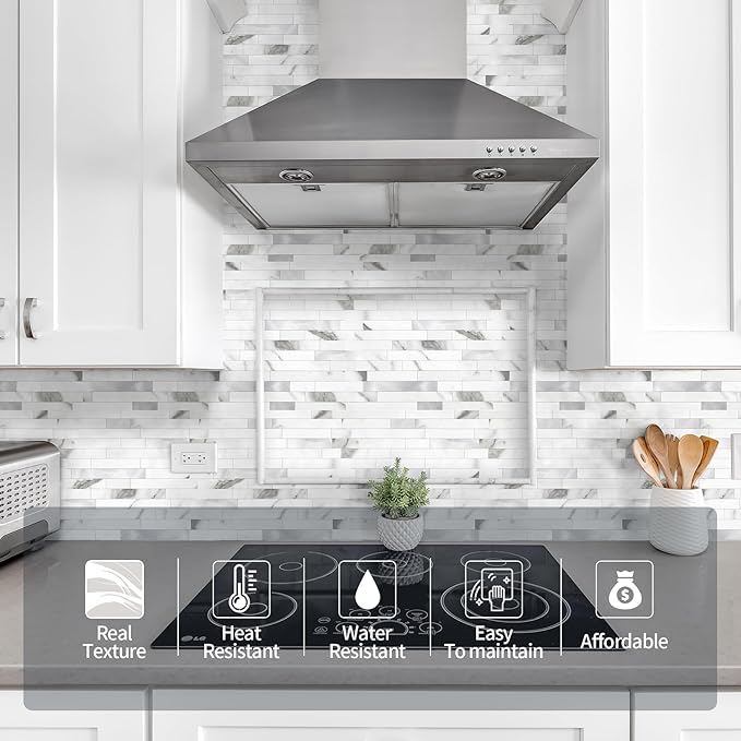 Yipscazo 2 Sheets Peel and Stick Stone Metal Backsplash, PVC Wall Tiles Stick on Tiles for Backsplash Kitchen, Bathroom, Fireplace (6'' X 12'', Marble White)