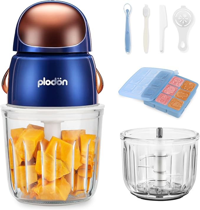 Plodon Baby Food Maker Mini Cute and Small Food Processor Puree Blender Grinder Chopper with 2 Glass Bowls(0.6L+0.3L) 8 Blades Electric (Without Battery) -2 Bowls