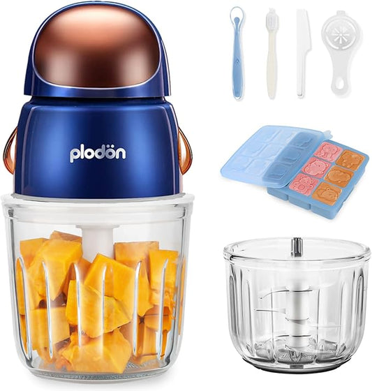 Plodon Baby Food Maker Mini Cute and Small Food Processor Puree Blender Grinder Chopper with 2 Glass Bowls(0.6L+0.3L) 8 Blades Electric (Without Battery) -2 Bowls