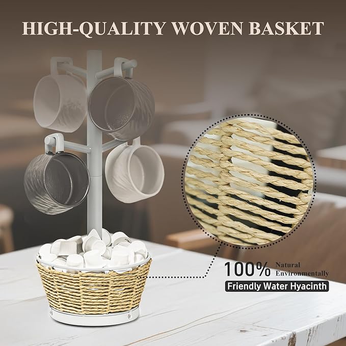 Wood Mug Holder Tree with Woven Basket, 4 Hooks Coffee Mug Holder, Countertop Mug Tree for Kitchen Counter Cabinet Coffee Bar Accessories Cup Display Organizer Hanger(White)