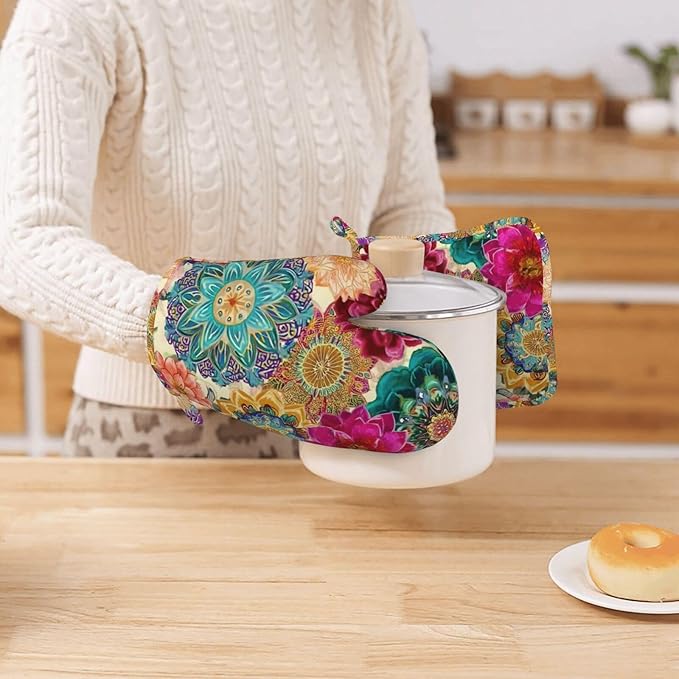 Oven Mitts and Pot Holders Boho Colorful Flower Silicone Kitchen Accessories Set of 4 Heat Resistant Long Gloves Potholder Non-Slip Grip for Chef Cooking Baking Grilling BBQ