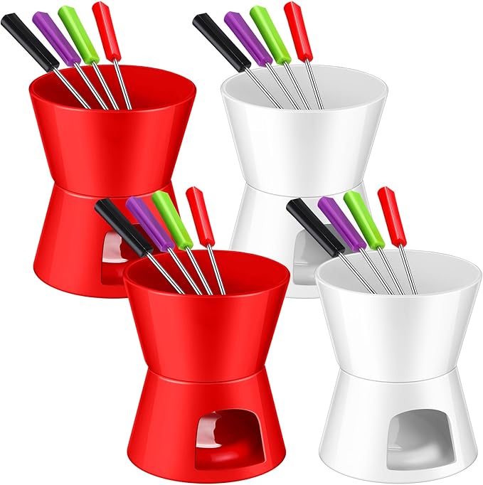 Nuogo 4 Pcs Fondue Pot Set Ceramic Mini Chocolate Fondue Mug Set Melting Bowl with 16 Pcs Mini Forks for Cheese, Chocolate, Tapas, Butter and Caramel, Valentine's Day(Red and White)