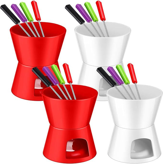 Nuogo 4 Pcs Fondue Pot Set Ceramic Mini Chocolate Fondue Mug Set Melting Bowl with 16 Pcs Mini Forks for Cheese, Chocolate, Tapas, Butter and Caramel, Valentine's Day(Red and White)