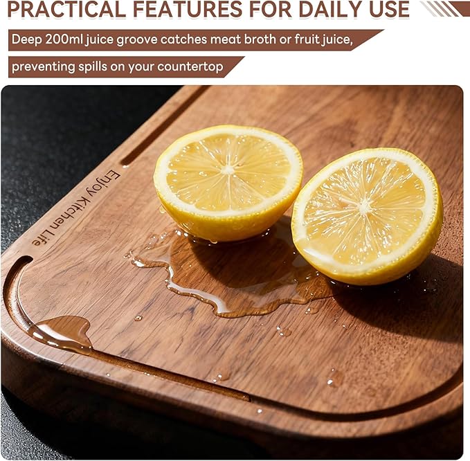 Pusgrew Natural Ebony Wood Cutting Board - 14.5"×9.5"×1" Solid Double-Sided Butcher Block with Deep Juice Groove & Non-Slip Feet, Food-Grade Chopping Board for Meat, Veggie, Fruit (Kitchen Essential)