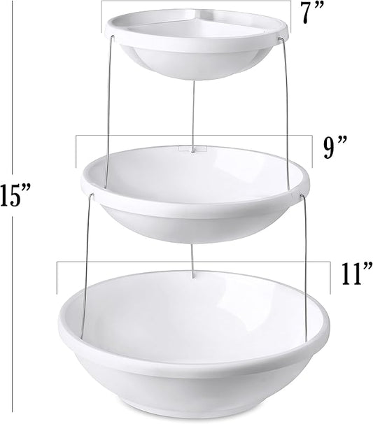 Masirs 3-Tier Collapsible Bowl: Decorative Design Folds for Minimal Storage. Ideal for Serving Snacks, Salad, and Fruit. Top Bowl Divided into Three Sections.