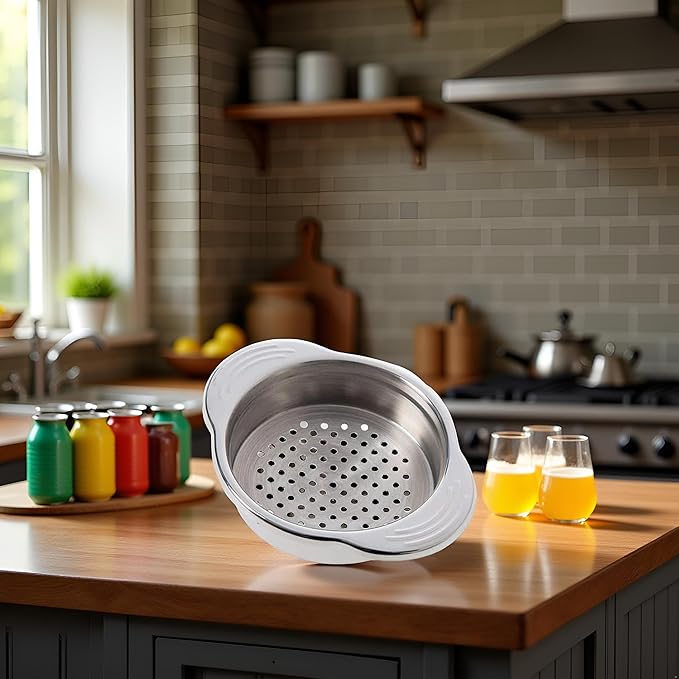 1Pc Silver Stainless Steel Food Can Strainer Sieve Tuna Press Lid Oil Drainer Remover, Unique No-Mess Dishwasher Design New Released Attractive Width 2cm Colanders and Food Strainers