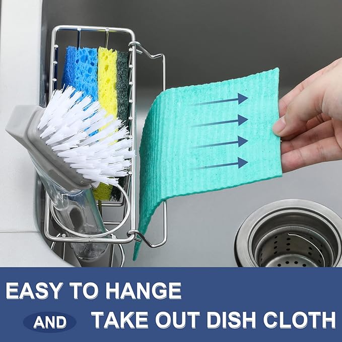 3-In-1 Sponge Holder for Kitchen Sink with Suction Cups & Adhesive Hook , In-sink Sponge Holder, Wall Hanging Sink Organizer Rack - Sponge, Dish Cloth, Brush, Scrubber - 304 Stainless Steel