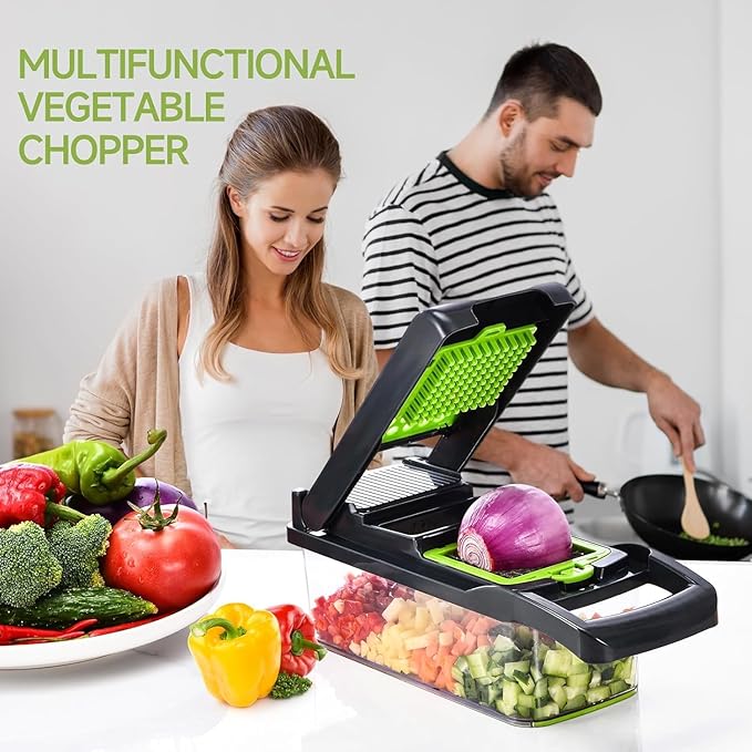 Vegetable Chopper, Food Veggie Chopper, Onion and Vegetable Slicer with Container, Dicer, Kitchen Gadget and Essential (15 in 1, Gray-Green)