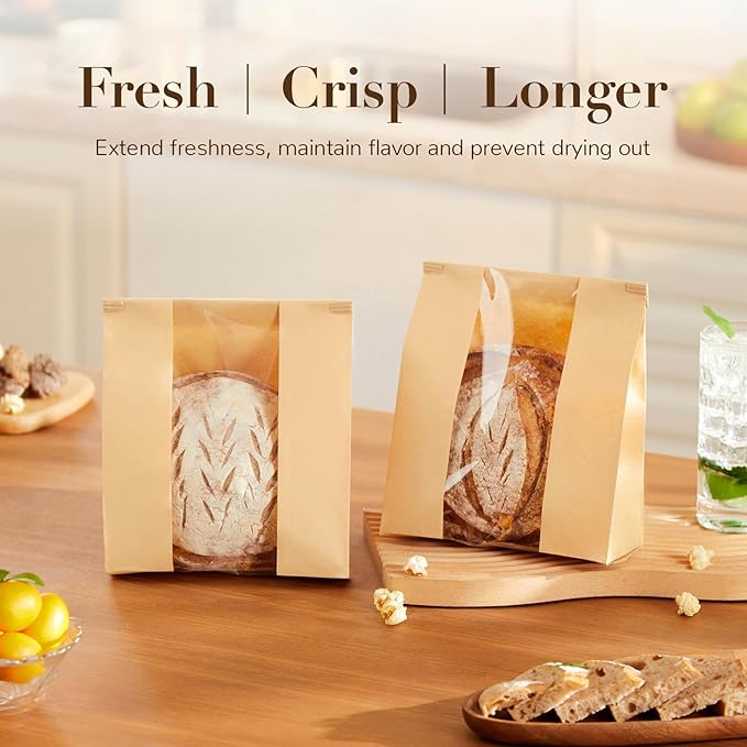 50 Pack Paper Bread Bags for Homemade Bread, 7x3×11 Inches Resealable Tin Tie Tab Bakery Bags with Window for Round Sourdough, Cookies, Loaves, Bagels