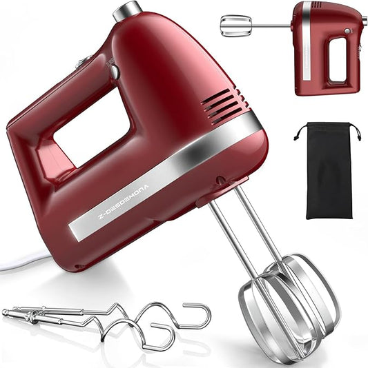 Z-DESDEMONA Electric Hand Mixer, Powerful 300W Hand Mixer Electric Handheld with 304 Beaters, Dough Hook, Hand Held Mixer with Turbo for Baking Cakes, Eggs, Cream Food(Red)