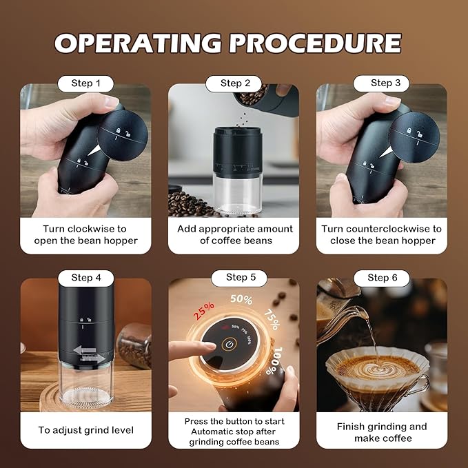 OUUTIIOL Portable Electric Coffee Grinder Rechargeable,Office 38 Adjustable Grinding Settings， LED Battery Indicator Shows Remaining Battery, Suitable for Travel, Camping, Office
