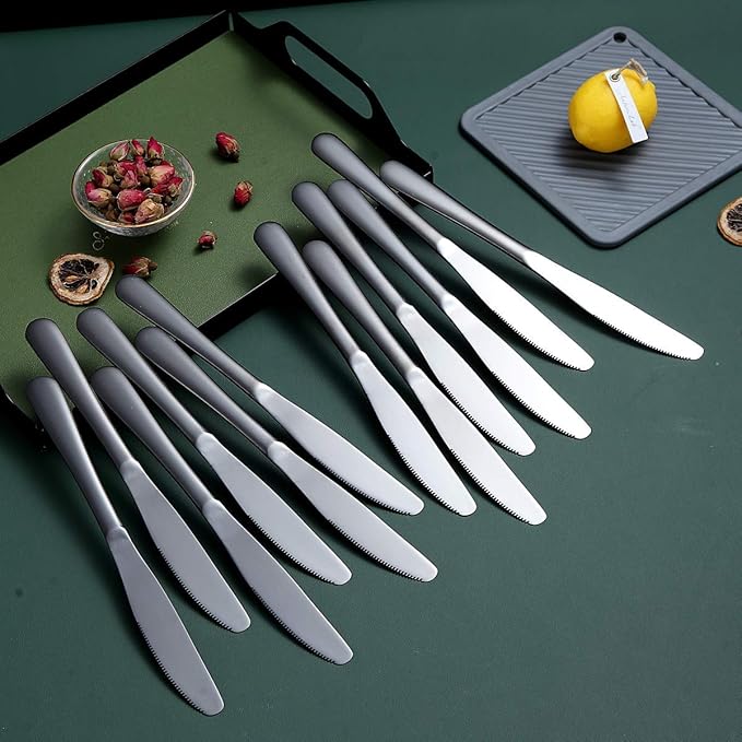 Black Dinner Knives Set Of 12, Berglander Stainless Steel Titanium Plating Shiny Black Dinner Knife, Butter Knife Spreader Table Knives Sturdy And Dishwasher Safe