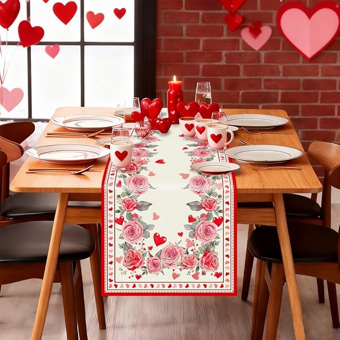 Valentine’s Day Rose Table Runner 13x72 Inch,Pink Red Love Heart Plant Spring Holiday Anniversary Table Decorations Farmhouse Kitchen Dinning Indoor Outdoor Home Party Decoration