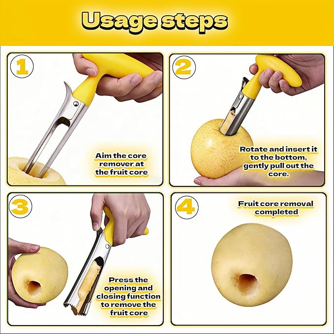 Apple Corer, Stainless Steel Apple Corer and Divider with Sharp Serrated Blade – Easy to Use – Core Remover Tool for Apples, Pears, Cupcakes – Heavy-Duty Kitchen Gadget for Baking, Cooking (Yellow)