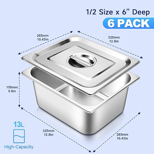 Hotel Pan With Lids 1/2 Size 6 Inch Deep Stainless Steel Chafing Dishes for Buffet, Steam Table Pan, Metal Commercial Food Pans for Food Prep/Catering/Food Serving (6 Pack, Half Size 1/2 x 6" Deep)