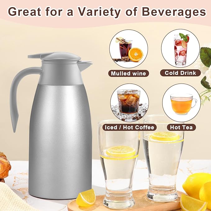 Norme 2 Pcs Thermal Coffee Carafe Insulated Stainless Steel Coffee Carafe for Hot Liquid Vacuum Thermal Pot Creamer Pitcher Dispenser with Brushes Keeping Hot Water Milk(Gray,68 oz)