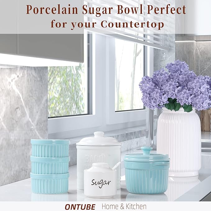 ONTUBE Ceramic Small Sugar Bowl with Lid and Spoon,Porcelain Sugar Pot,8oz (White)
