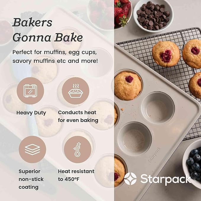 StarPack ‘Bakers Gonna Bake’ 12-Hole Stainless Steel Muffin Pan - High Performance Nonstick, Heavy-Duty Cupcake Pans for Baking - Versatile Cupcake Pan with Up to 450°F Heat-Resistance