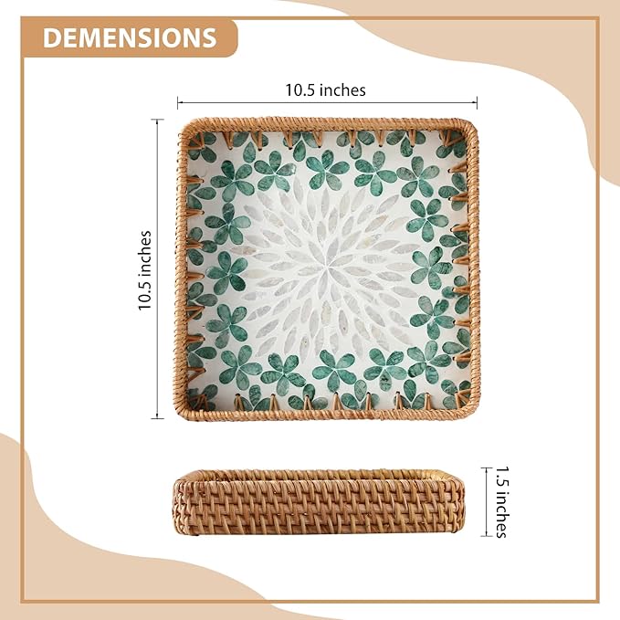 1 pcs Rectangle Rattan Serving Tray with Mother of Pearl Inlay, Decorative Wicker Tray for Coffee, Bread, Fruits, Elegant Table Decor for Living Room & Dining Room