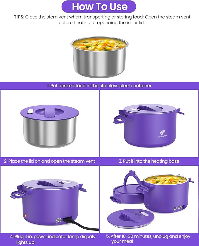 Electric Lunch Box, Portable Food Warmer for Car Truck and Office, Portable Heater 110V & 12V 24V 50W Stainless Steel Food Heater, with Spoon Fork Carry Bag (Youthful Purple)