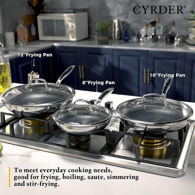 Nonstick Frying Pan Set, 8, 10 and 12-inch Frying Pans, 6-Piece Hybrid Non stick 18/10 Stainless Steel Pans with Lid, Induction Compatible, Dishwasher &Oven Safe, PFOA Free